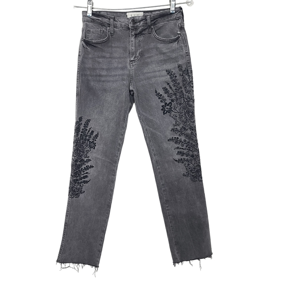 Free People We The Free Gray Black Floral Raw Hem Jeans 25
